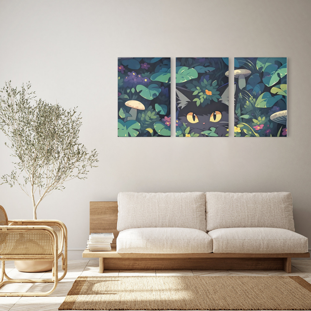 Jungle Illustration Kitten,Triple Frameless Canvas Painting.