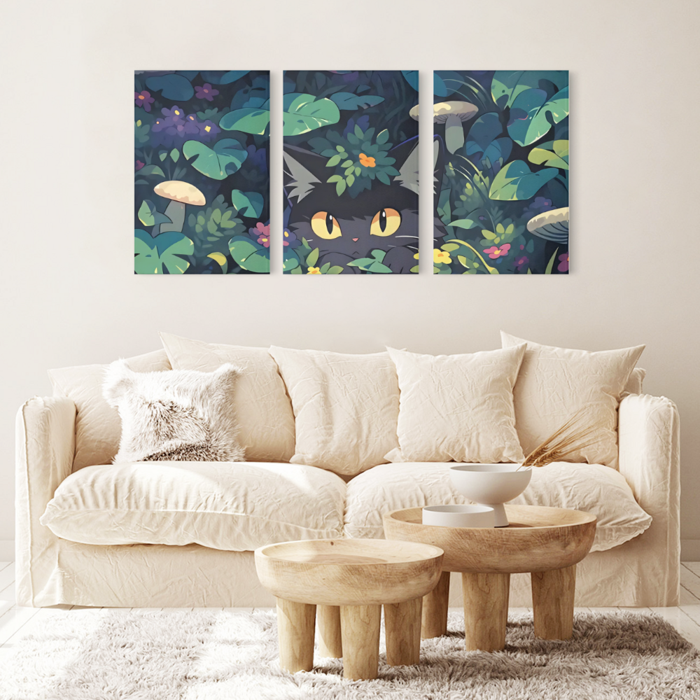 Jungle Illustration Kitten,Triple Frameless Canvas Painting.