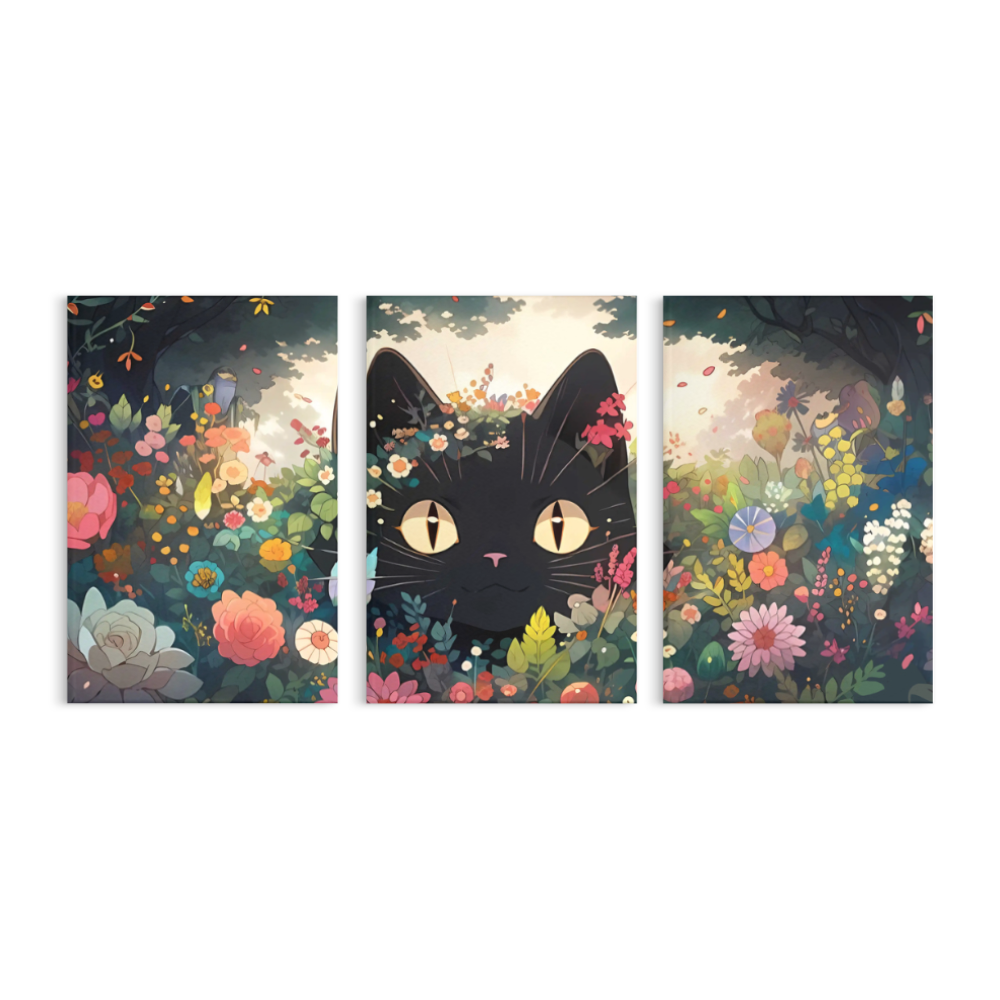 Cute Kitten With Flowers Illustration,Triple Frameless Canvas Painting.