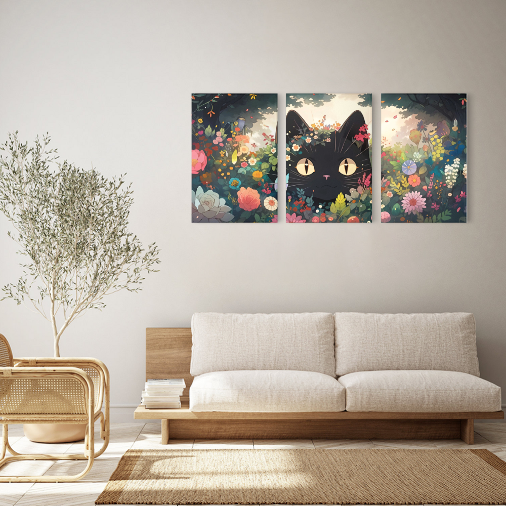 Cute Kitten With Flowers Illustration,Triple Frameless Canvas Painting.