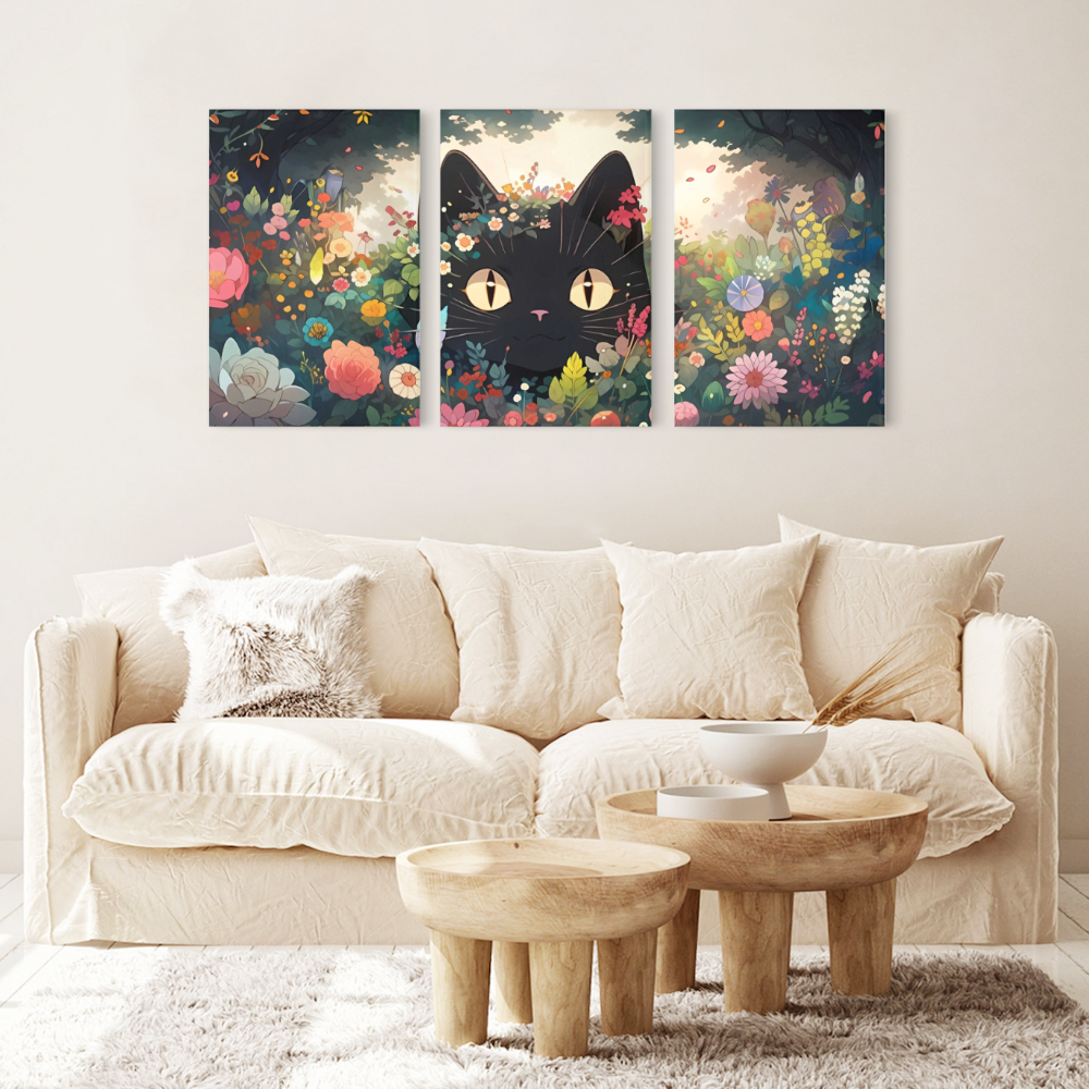 Cute Kitten With Flowers Illustration,Triple Frameless Canvas Painting.