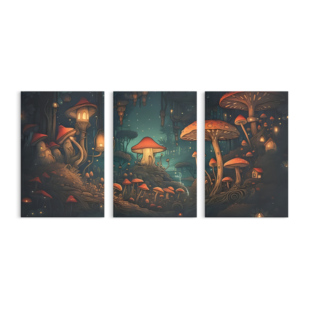 Mushroom House Creative Design,Triple Frameless Canvas Painting.