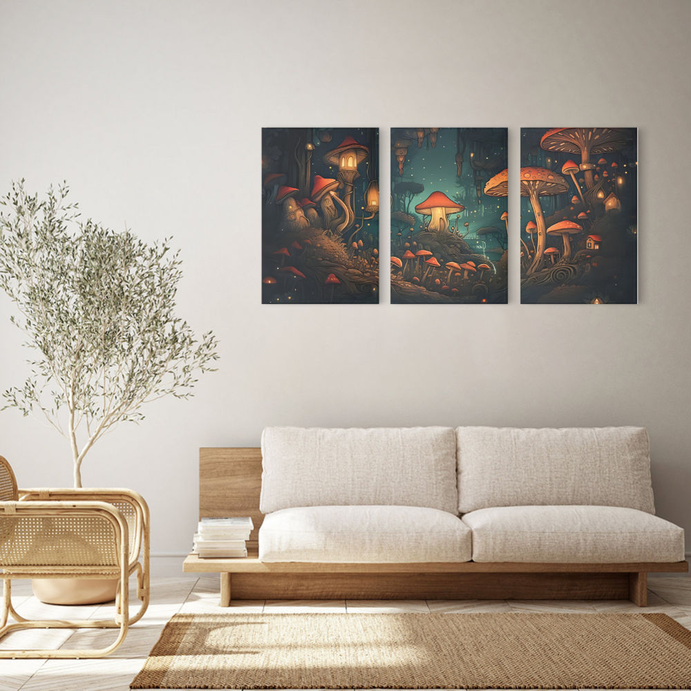 Mushroom House Creative Design,Triple Frameless Canvas Painting.
