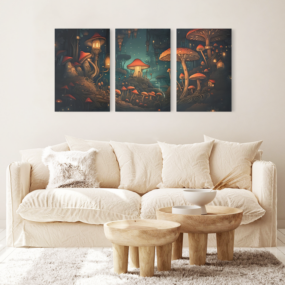 Mushroom House Creative Design,Triple Frameless Canvas Painting.