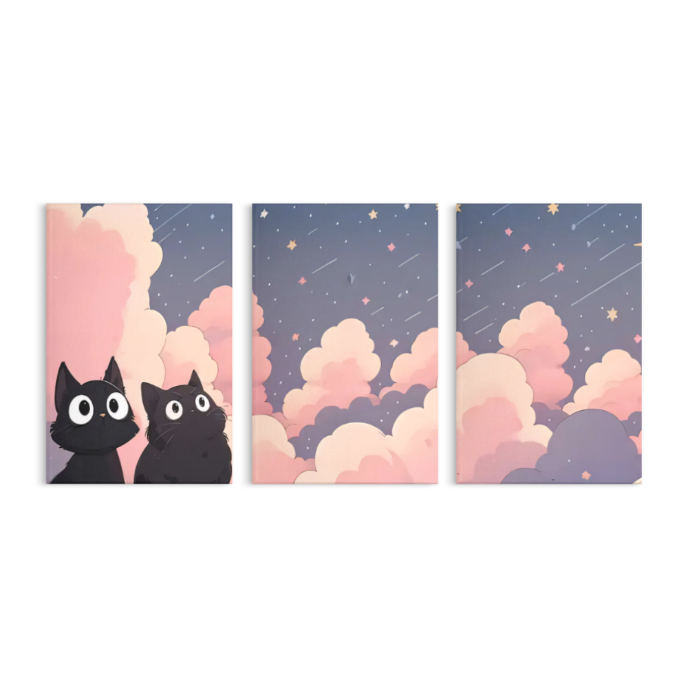 Creative Kitten In The Clouds,Triple Frameless Canvas Painting.