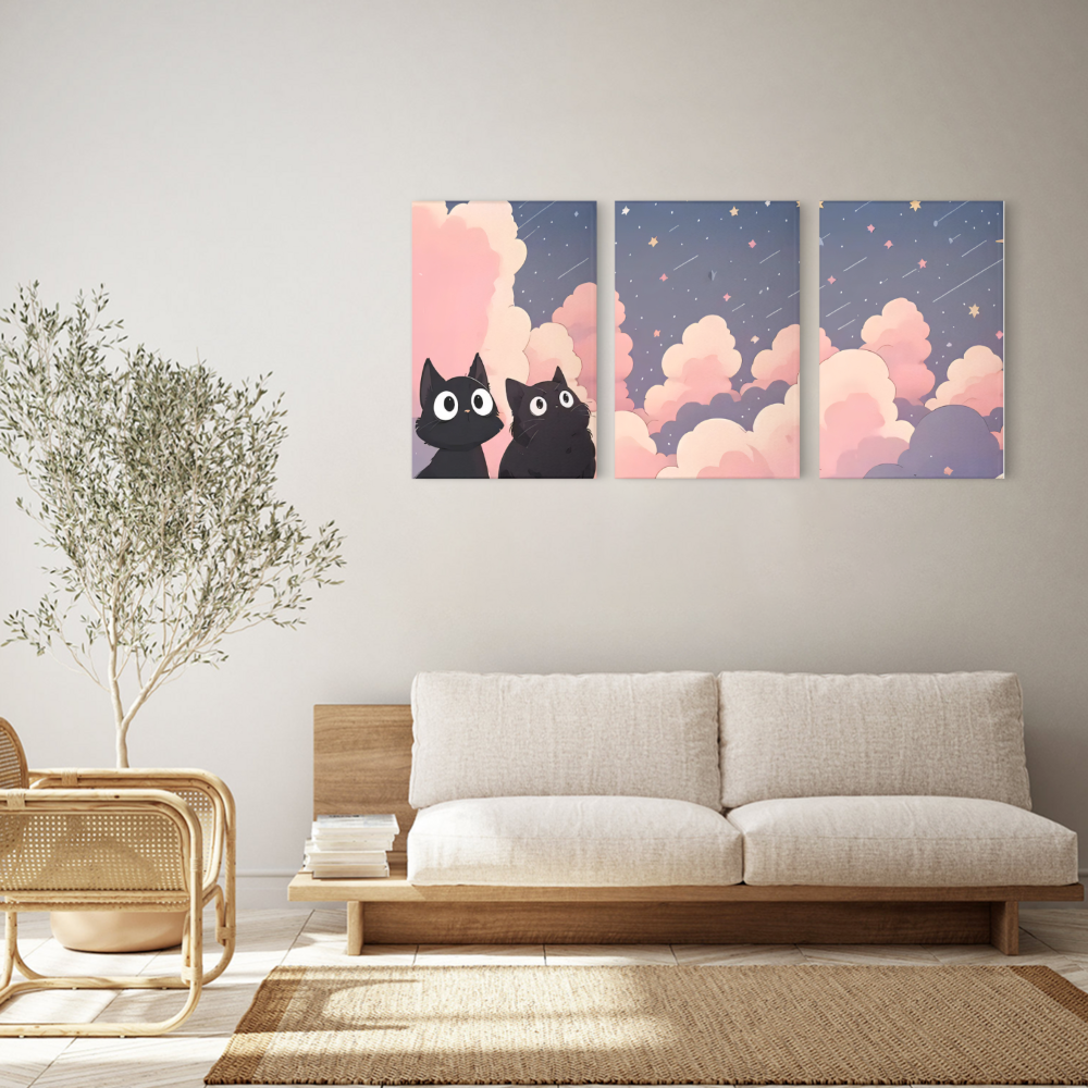 Creative Kitten In The Clouds,Triple Frameless Canvas Painting.