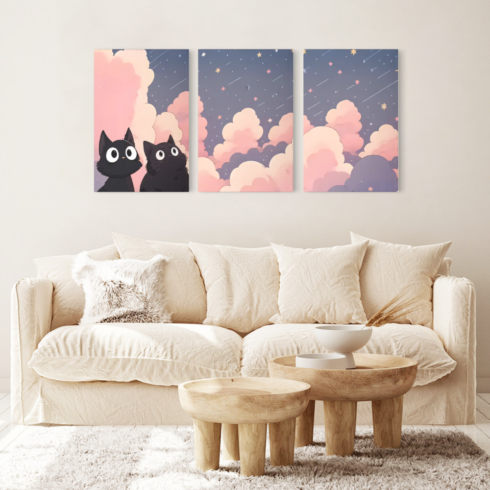 Creative Kitten In The Clouds,Triple Frameless Canvas Painting.