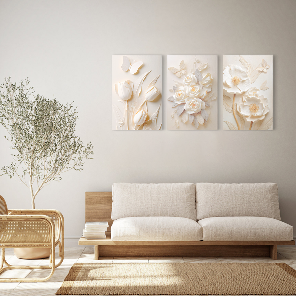 Embossed Cream Flowers,Triple Frameless Canvas Painting.