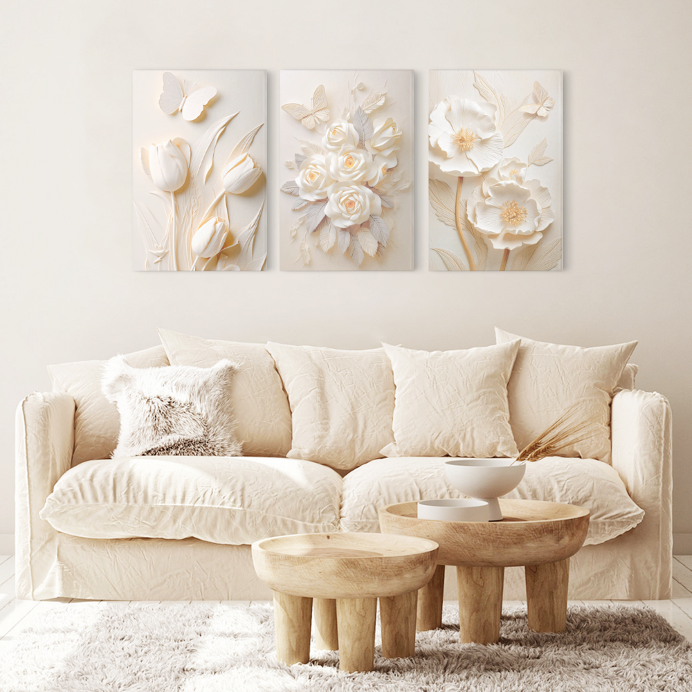 Embossed Cream Flowers,Triple Frameless Canvas Painting.
