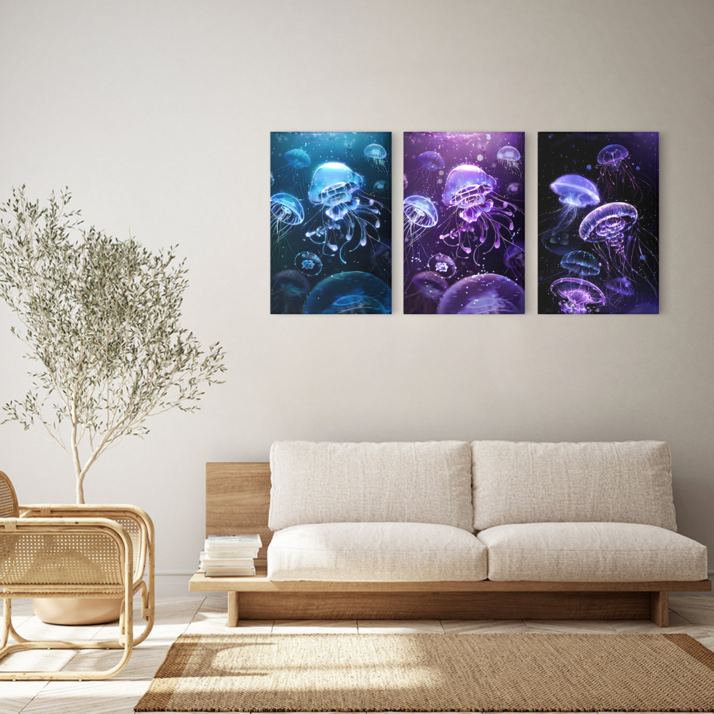 Glowing Jellyfish Creative Design,Triple Frameless Canvas Painting.