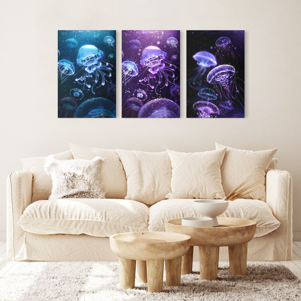 Glowing Jellyfish Creative Design,Triple Frameless Canvas Painting.