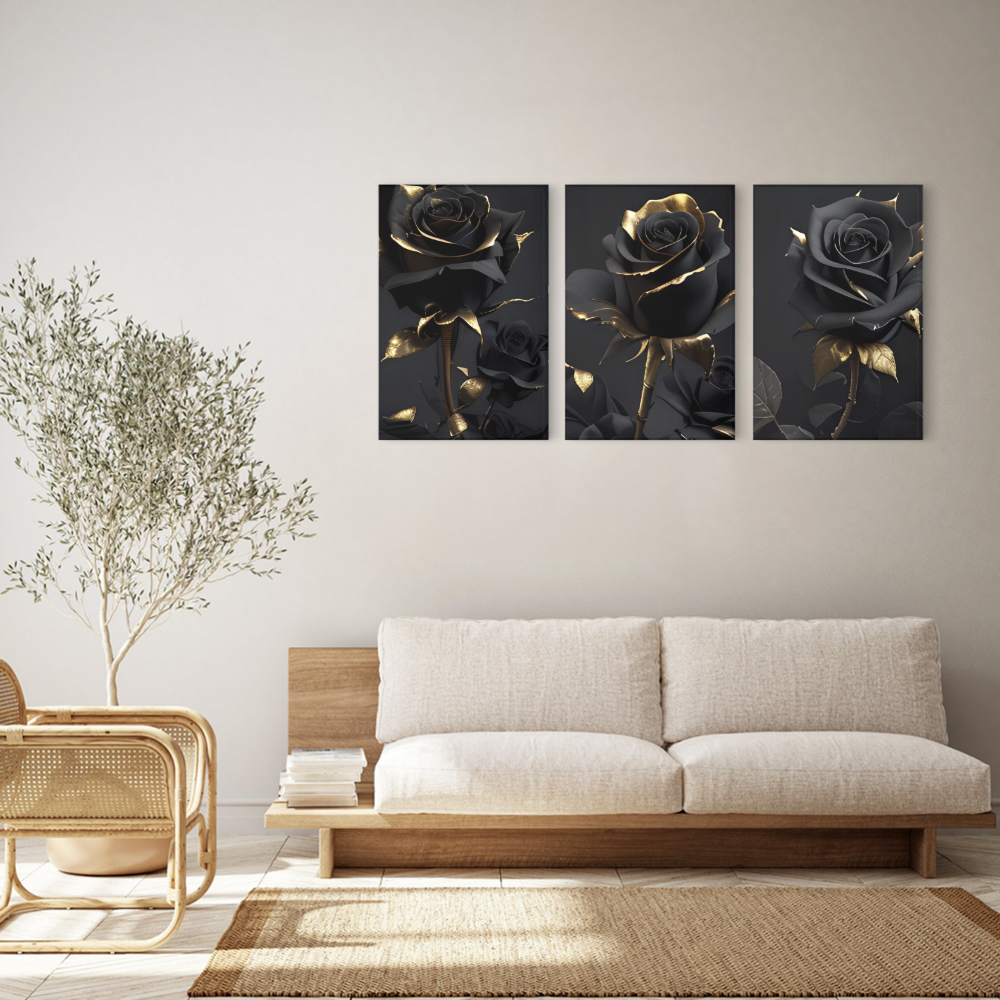 Black Gold Rose,Triple Frameless Canvas Painting