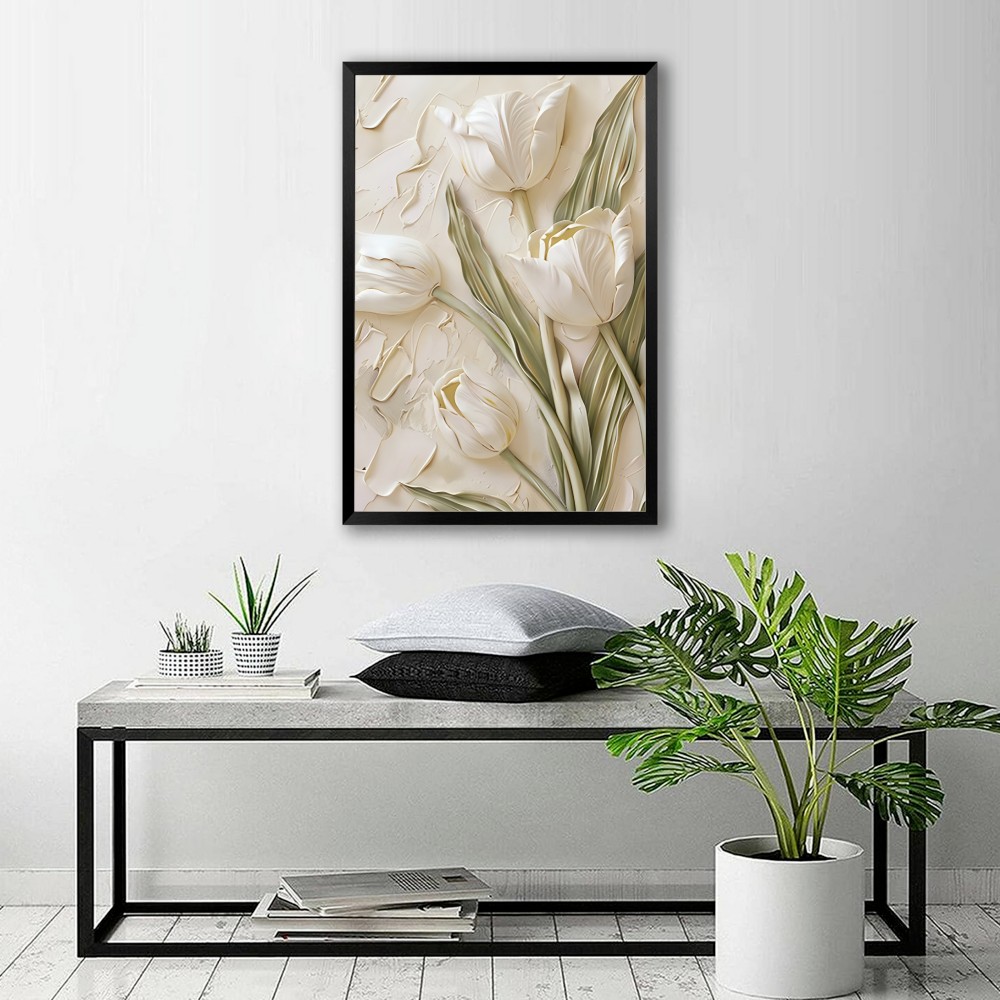 Creamy Flowers Creative Pattern,Vertical Framed Simple Decorative Canvas Painting