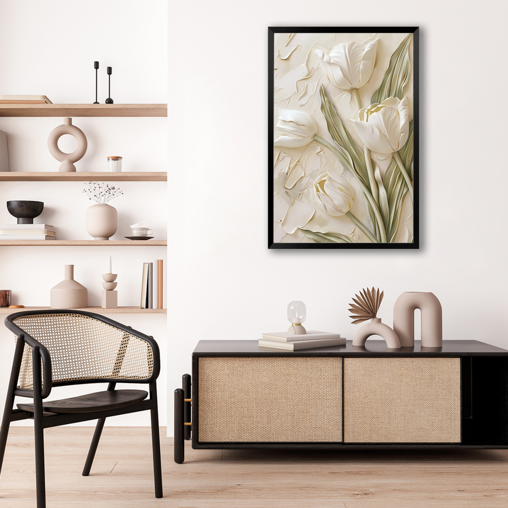 Creamy Flowers Creative Pattern,Vertical Framed Simple Decorative Canvas Painting