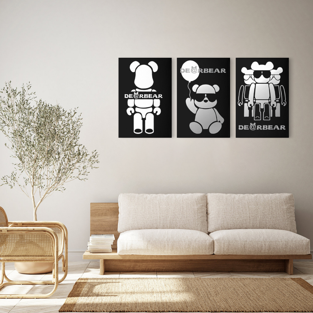 Black And White Decorative Bear,Triple Frameless Canvas Painting