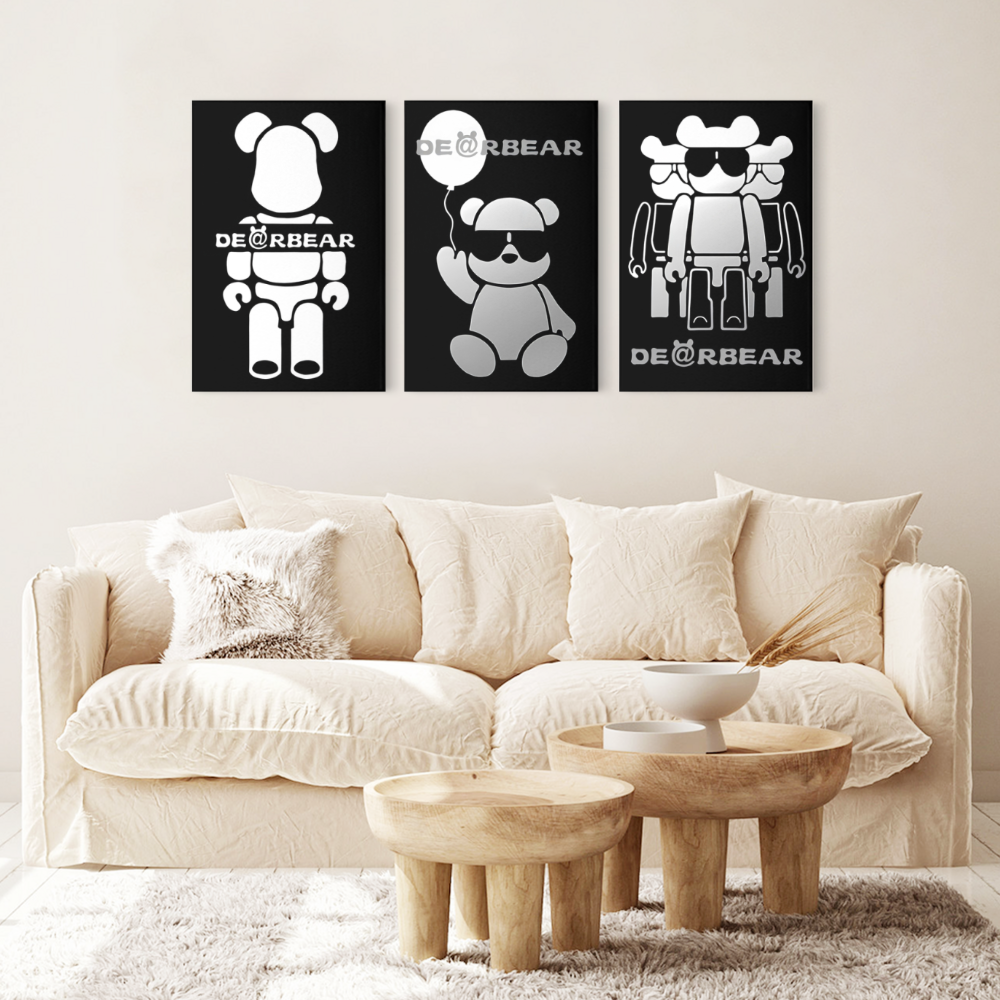 Black And White Decorative Bear,Triple Frameless Canvas Painting