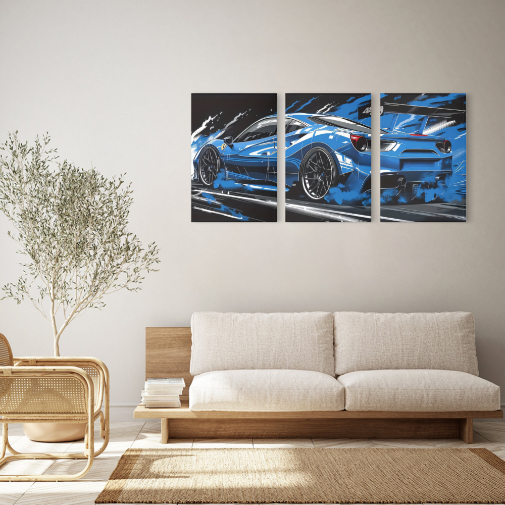 Blue Cool Car,Triple Frameless Canvas Painting