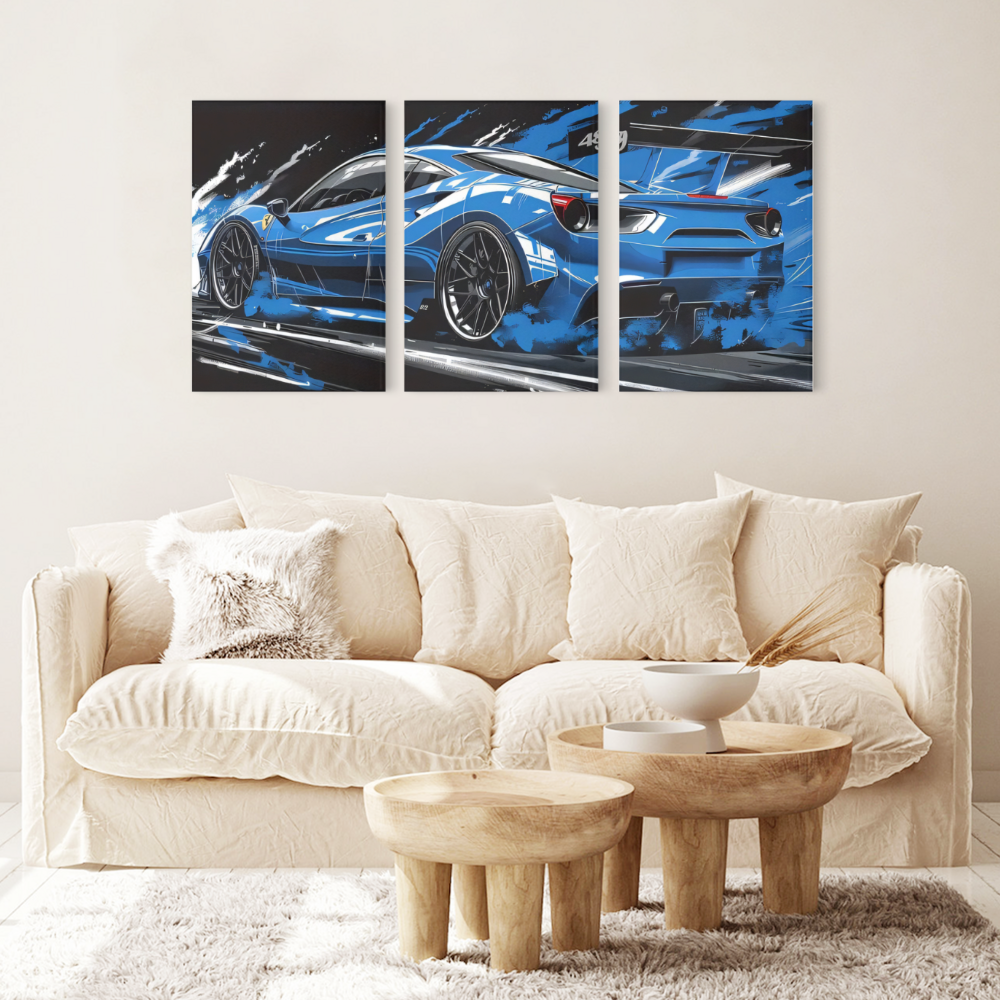Blue Cool Car,Triple Frameless Canvas Painting
