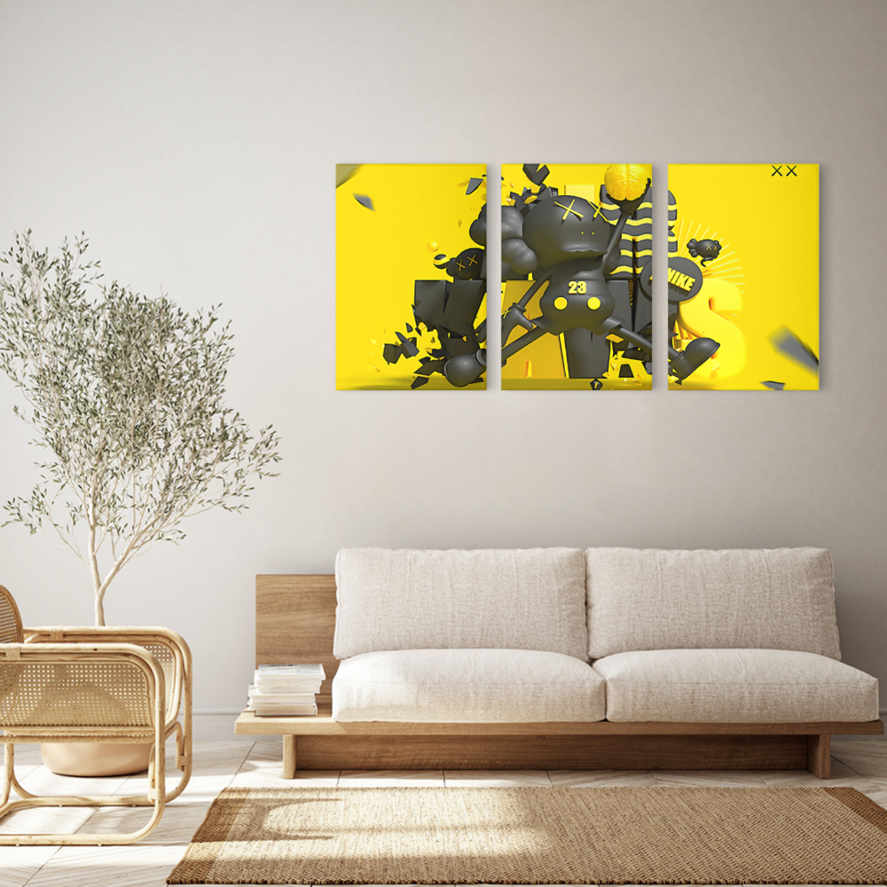Yellow Jumping Bear,Triple Frameless Canvas Painting.