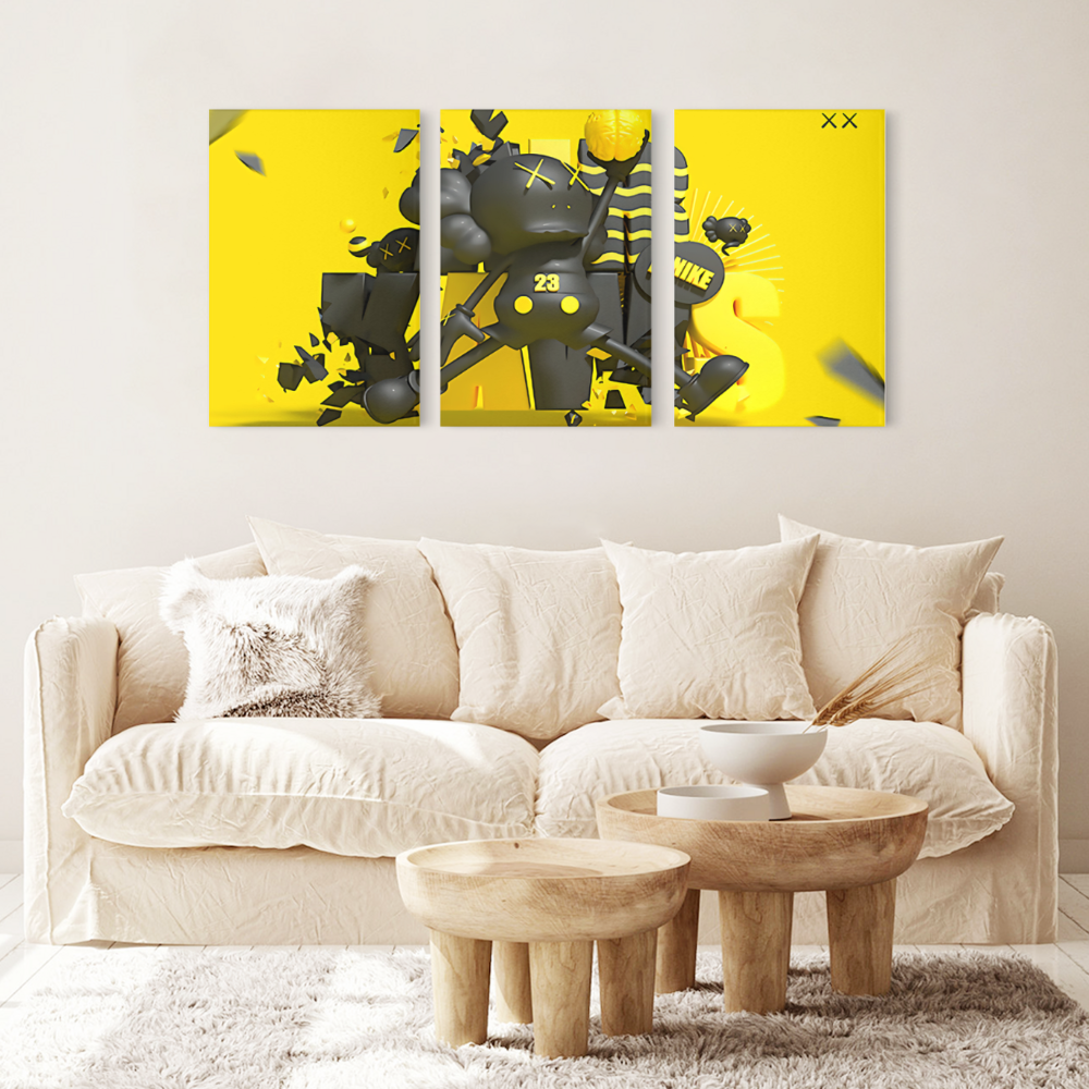 Yellow Jumping Bear,Triple Frameless Canvas Painting.