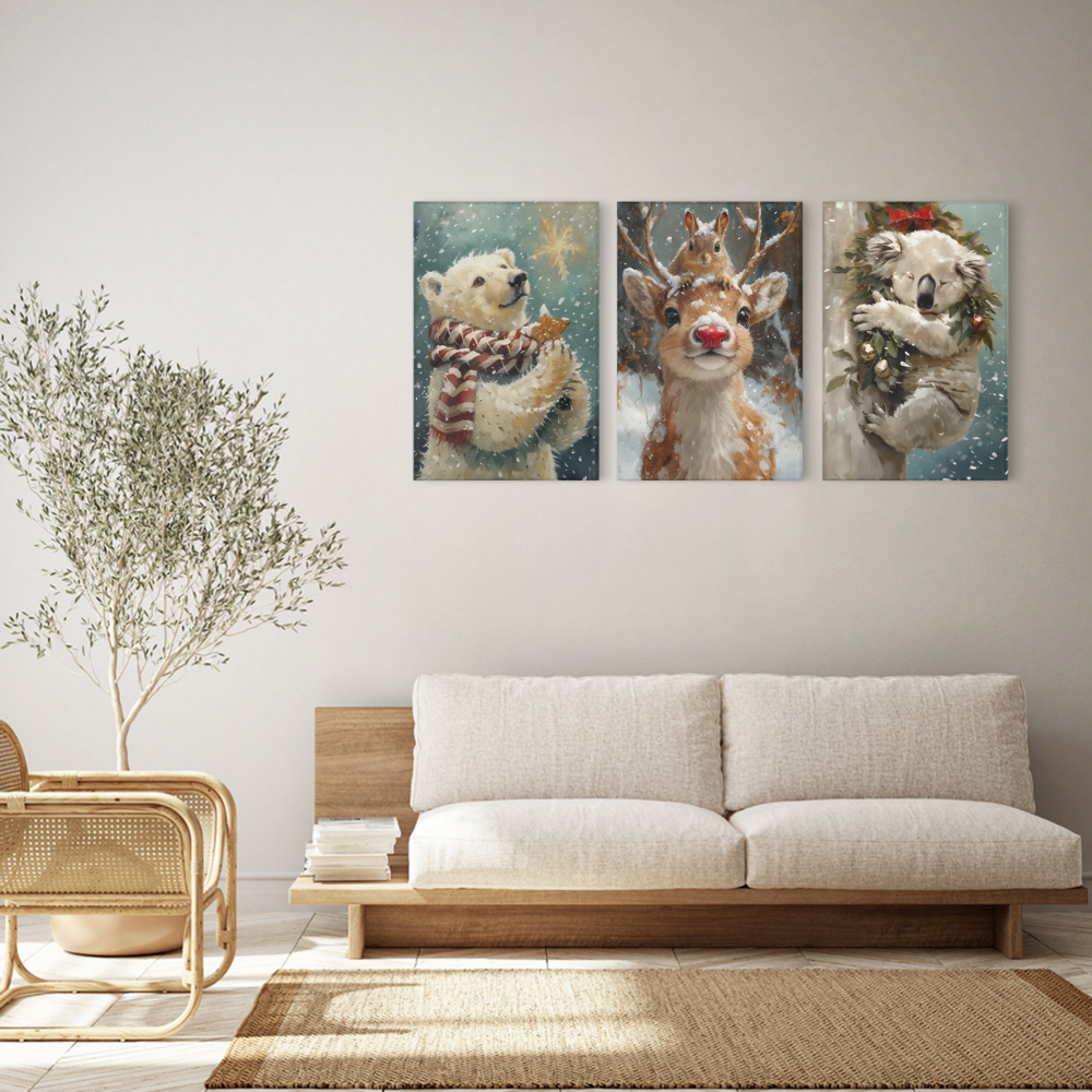 Winter Snow Scene Cute Animals,Triple Frameless Canvas Painting.