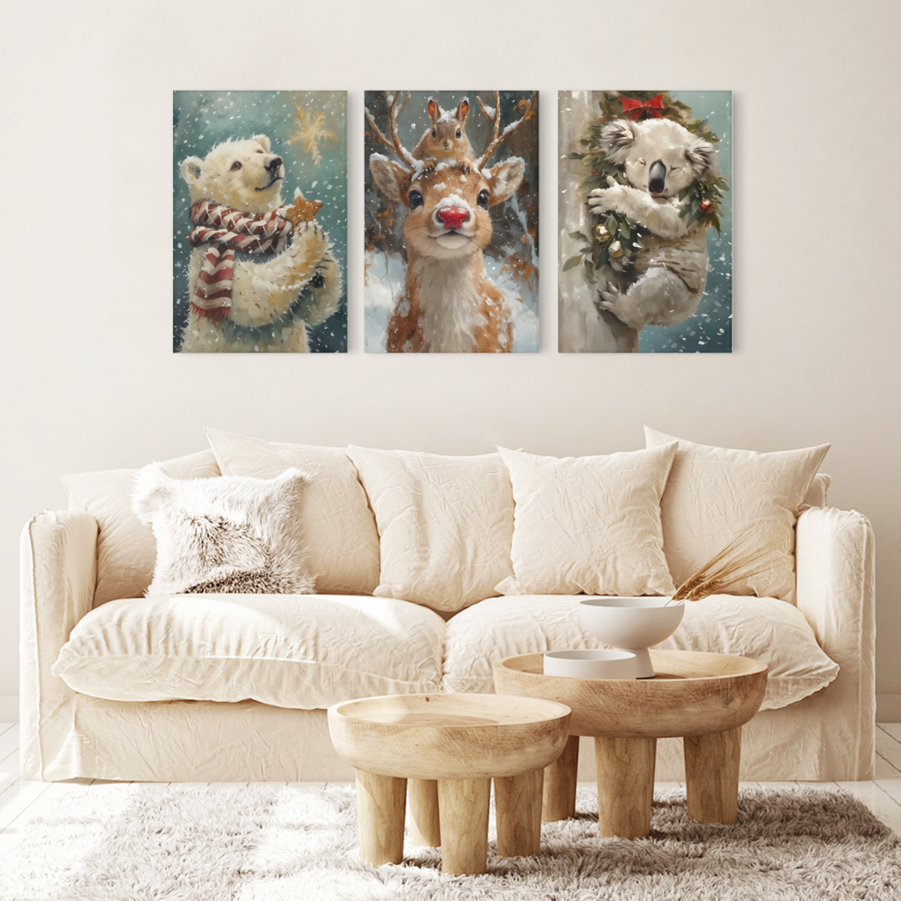 Winter Snow Scene Cute Animals,Triple Frameless Canvas Painting.