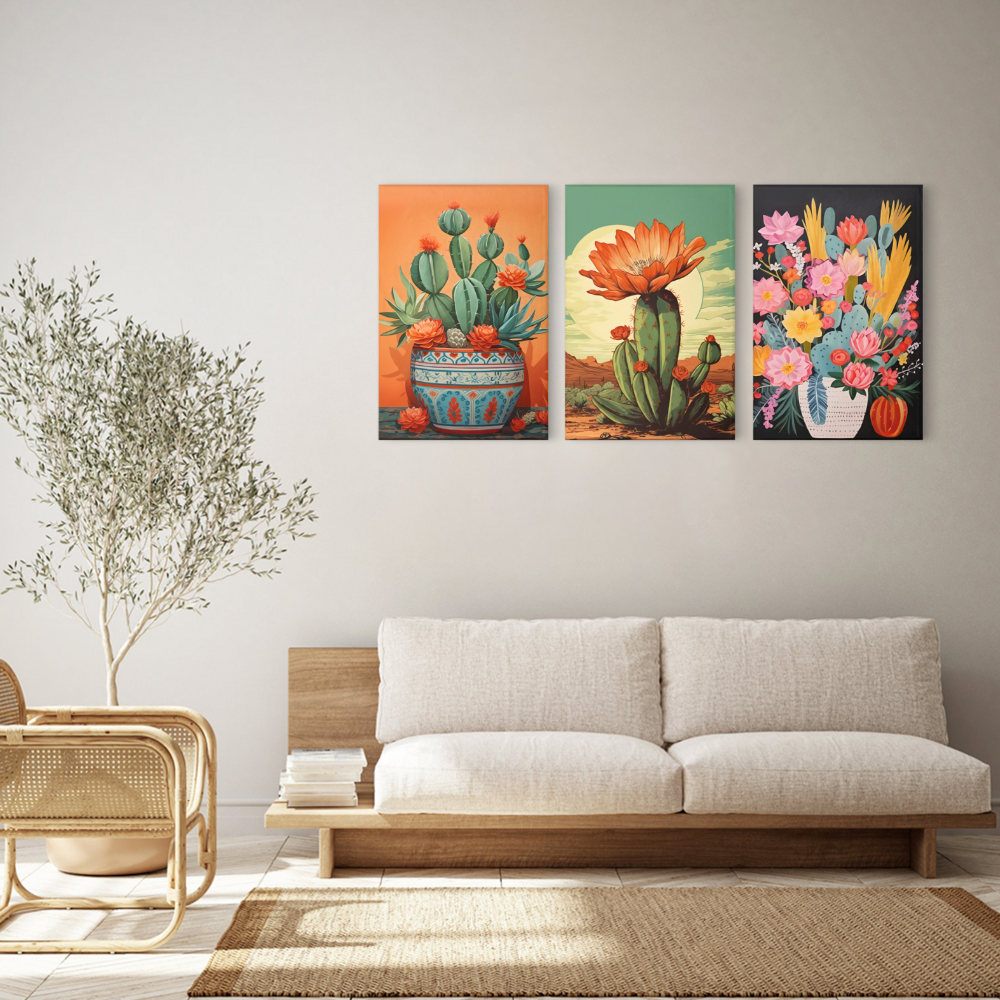 Mexican Cactus,Triple Frameless Canvas Painting.