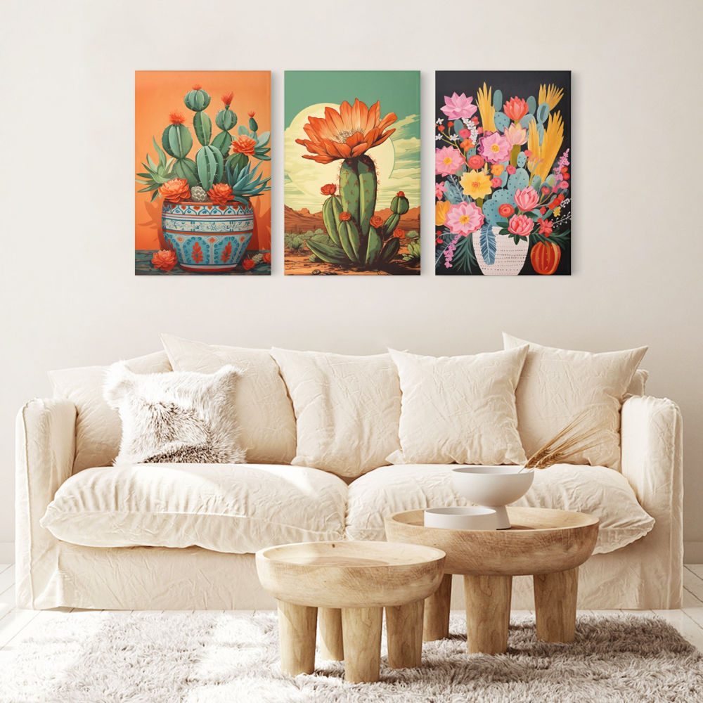 Mexican Cactus,Triple Frameless Canvas Painting.