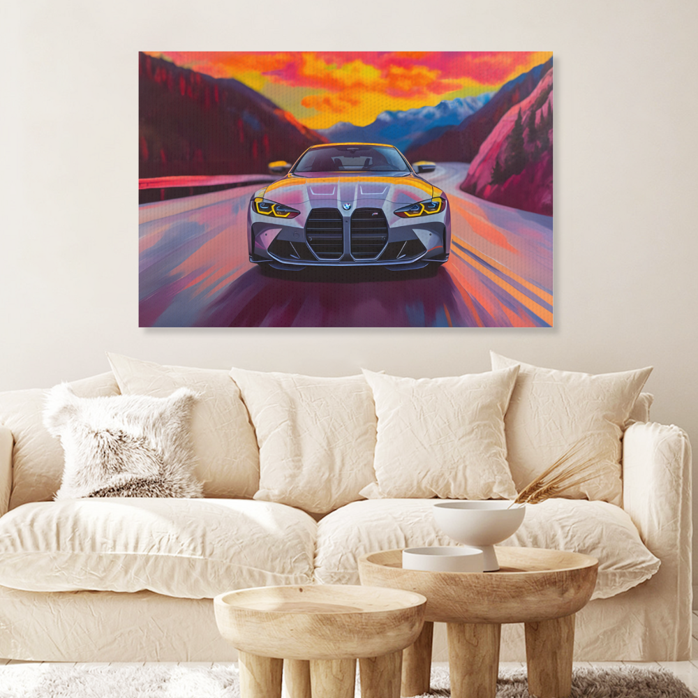 Sunset Car Canvas Painting  Creative Pattern,Single  Frameless Canvas Painting.