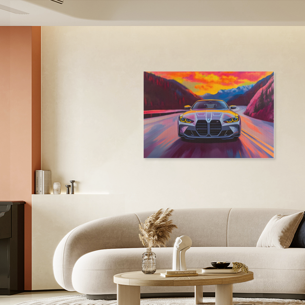 Sunset Car Canvas Painting  Creative Pattern,Single  Frameless Canvas Painting.