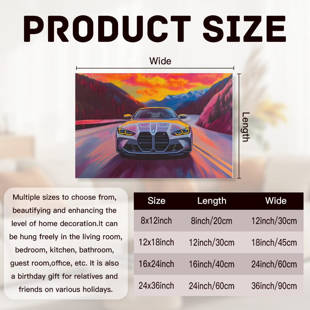 Sunset Car Canvas Painting  Creative Pattern,Single  Frameless Canvas Painting.