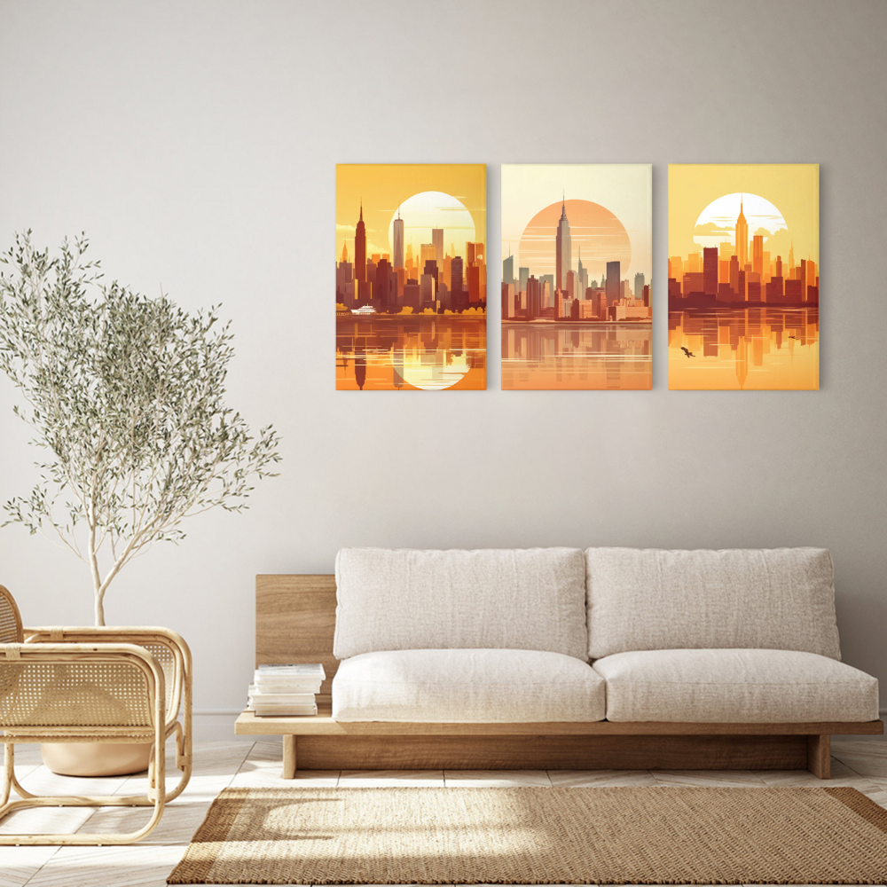 Sunset City,Triple Frameless Canvas Painting.
