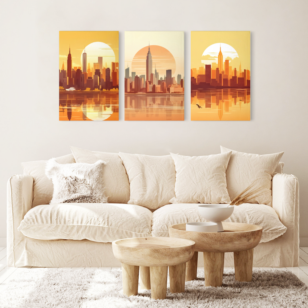 Sunset City,Triple Frameless Canvas Painting.