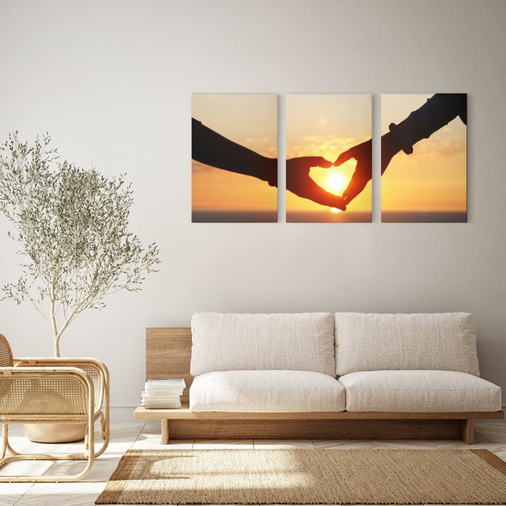 Couple Making Heart Gesture At Sunset,Triple Frameless Canvas Painting.