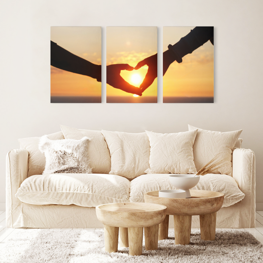 Couple Making Heart Gesture At Sunset,Triple Frameless Canvas Painting.