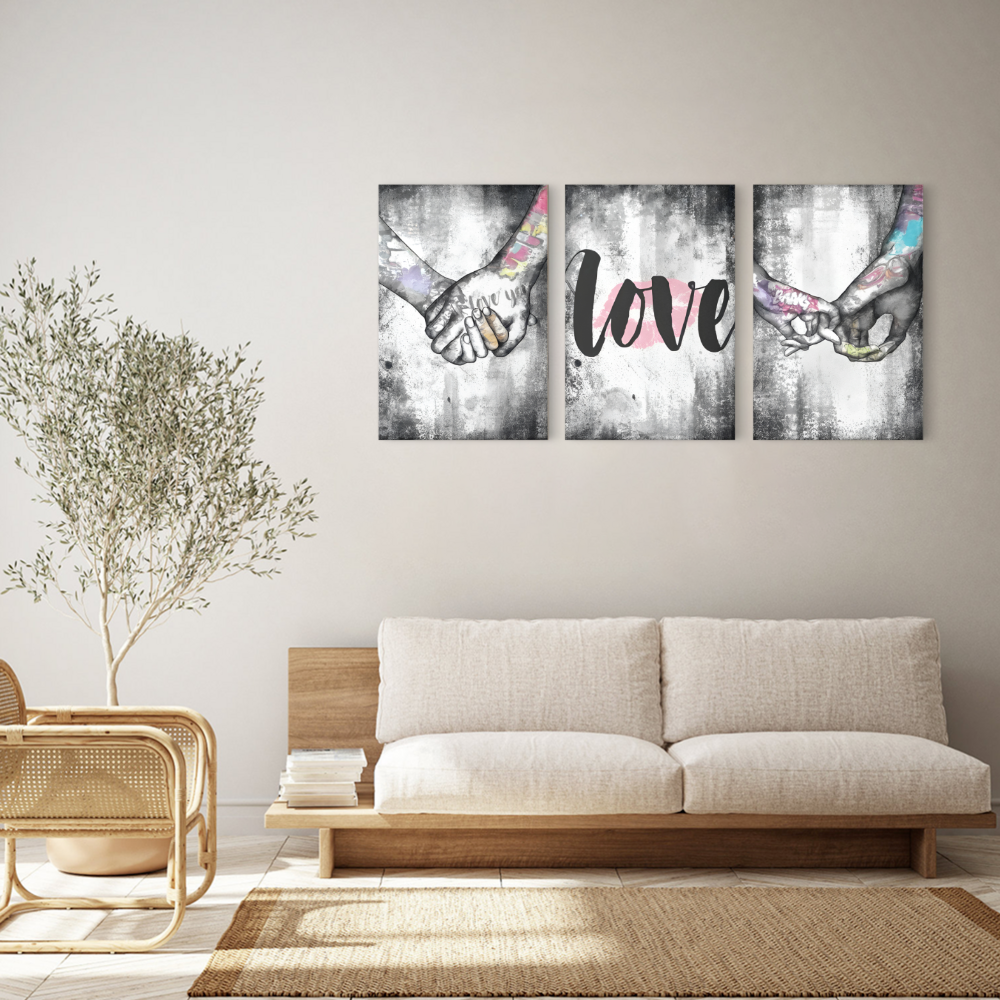 Graffiti Style Couple Making Heart Gesture Holding Hands,Triple Frameless Canvas Painting.