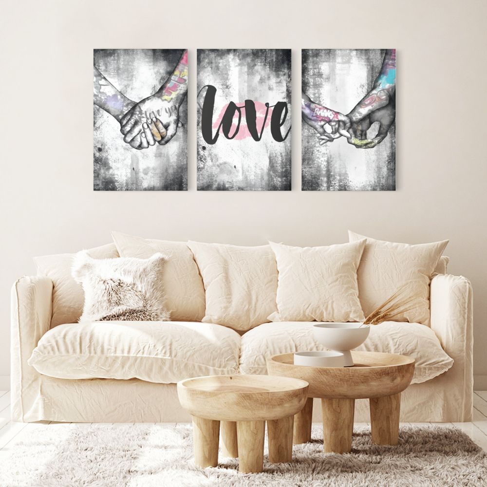 Graffiti Style Couple Making Heart Gesture Holding Hands,Triple Frameless Canvas Painting.