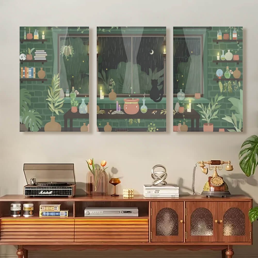 Rainy Day Interior Illustration, Triple Frameless Canvas Painting