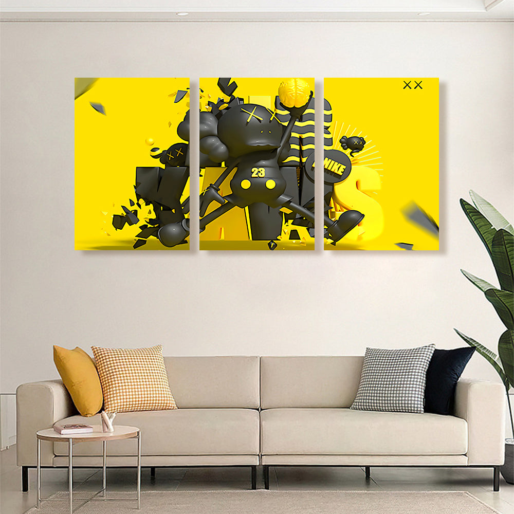 Yellow Jumping Bear,Triple Frameless Canvas Painting.