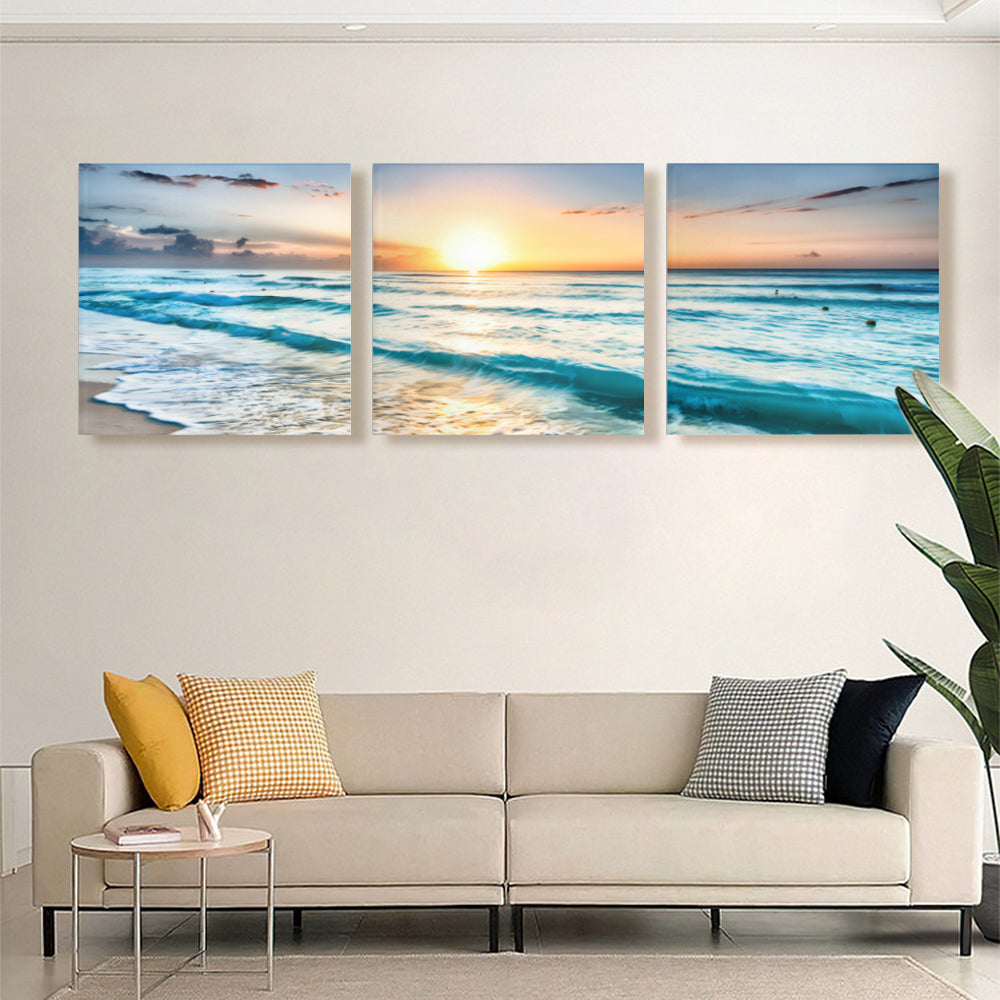 Sunrise Scenery At The Seaside,Square Triple Frameless Canvas Painting