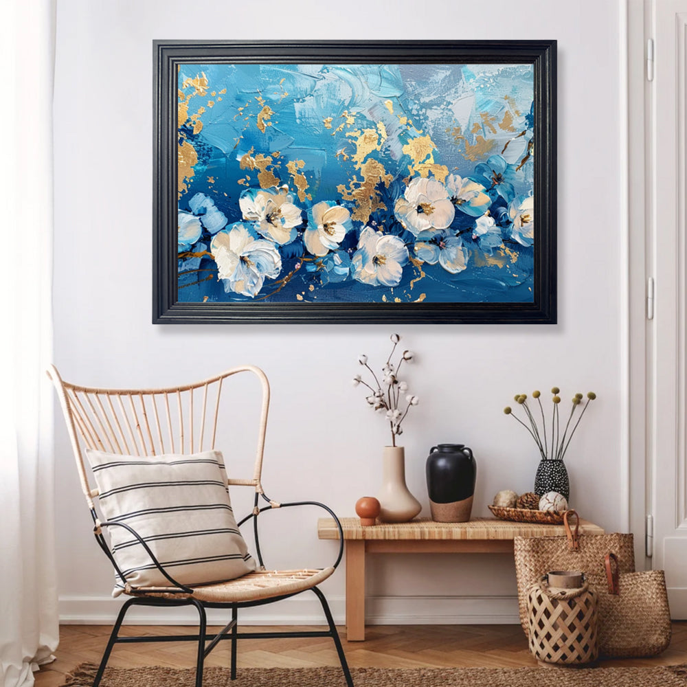 Blue Oil Painting Style Flower Creative Pattern，Horizontal Framed Simple Decorative Canvas Painting