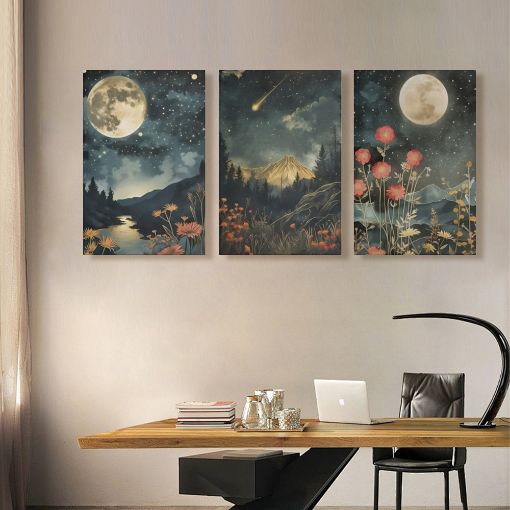 Floral Plants, Vintage Astronomy Art,Triple Frameless Canvas Painting.