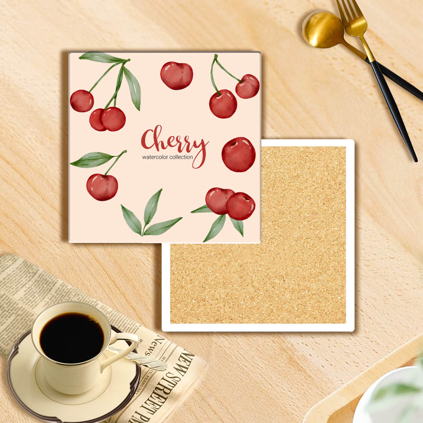 Cherry Creative Print Design, Square Ceramic Coaster (Combination Pack)