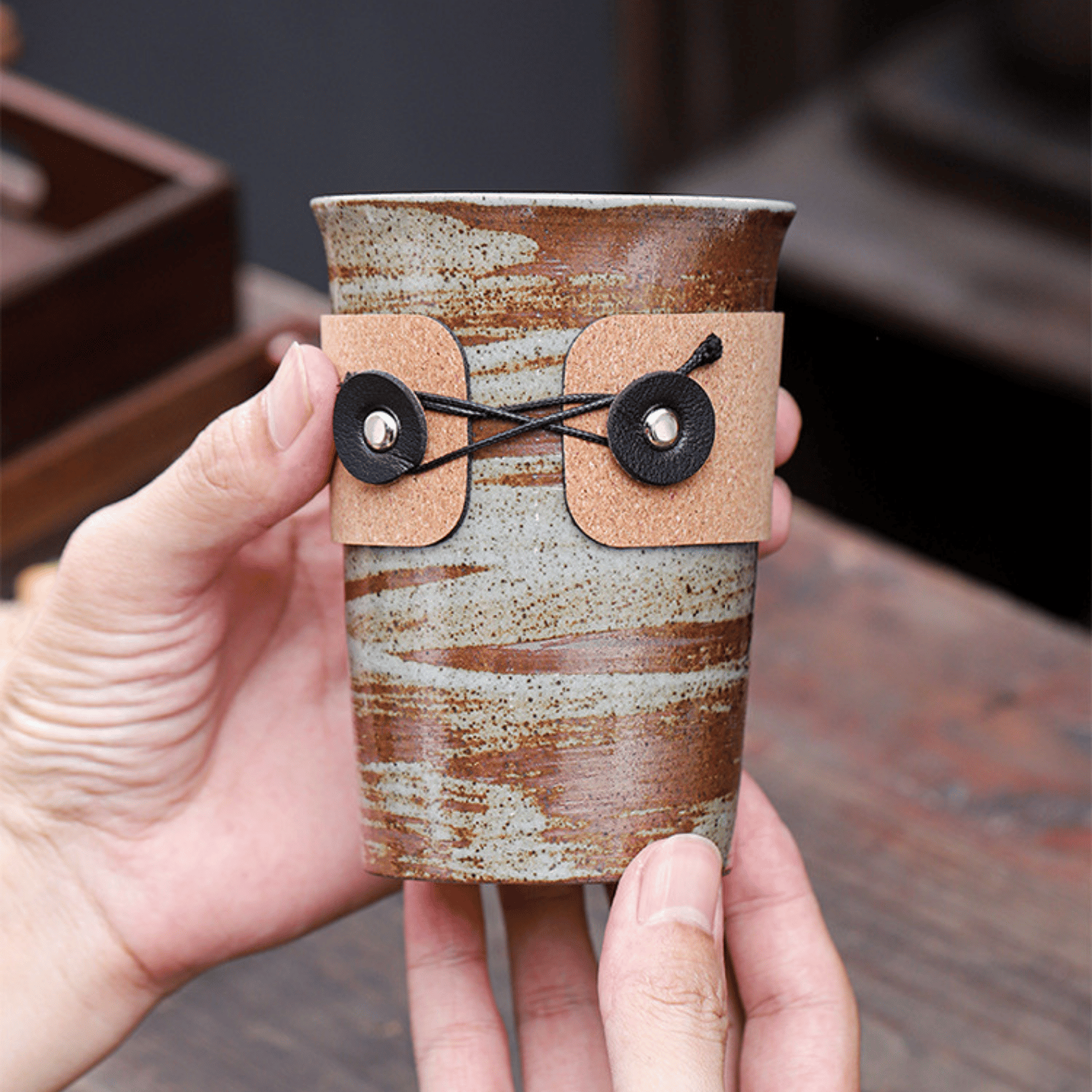 Handcrafted Ceramic Coffee Cups with Leather Wrap – Japanese Style Heat-Resistant Vintage Tumblers for Latte & Tea