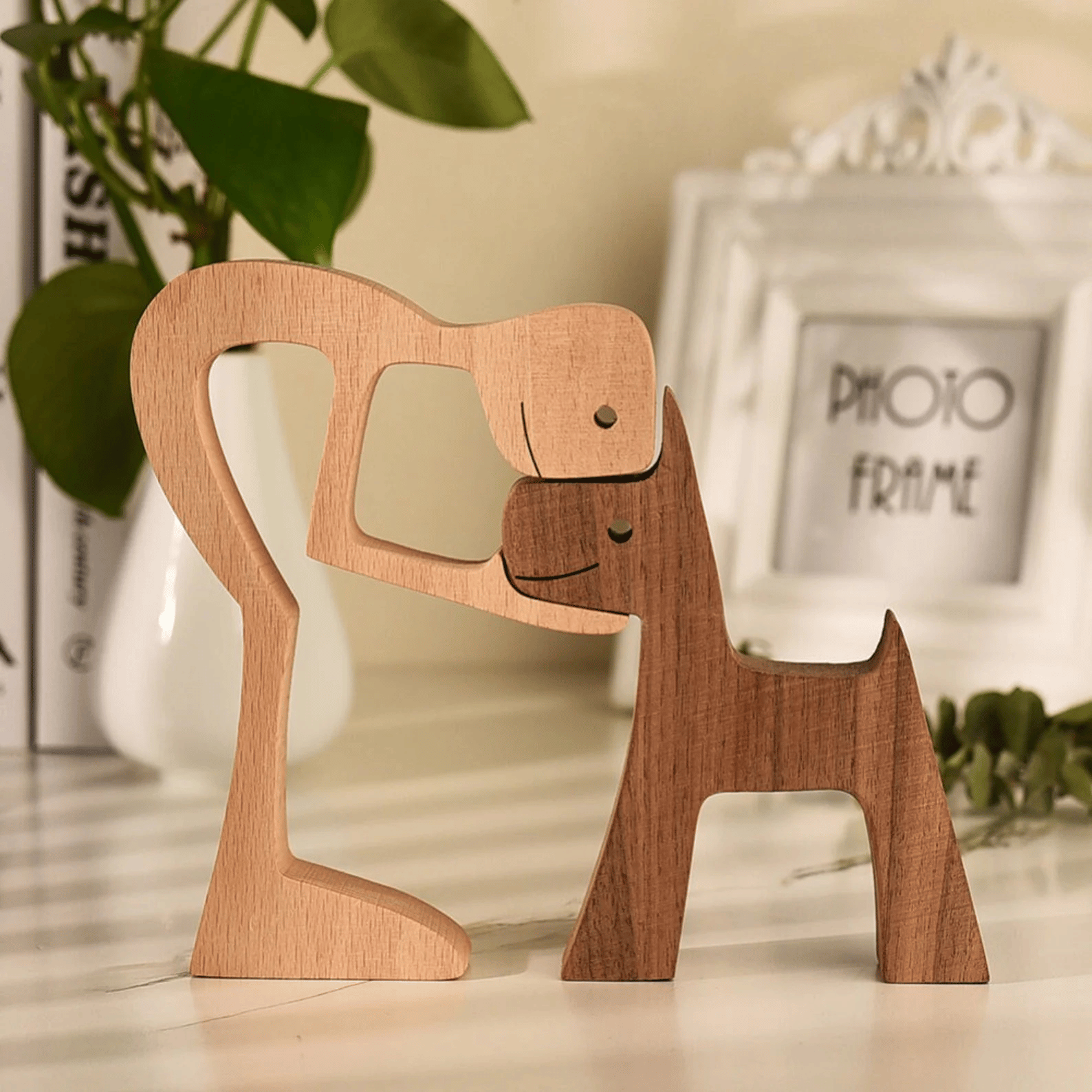 Man And Dog Engraved Carved Wood Sculpture