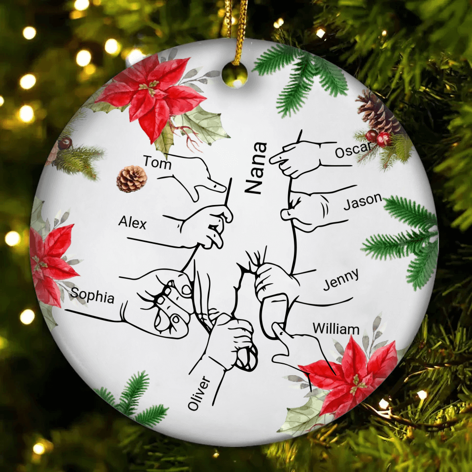 Christmas Hand in Hand I Will Always Protect You - Personalised Round Ceramic Ornament - Christmas Gift, Mother's Day Gift For Family, Mom, Grandma,