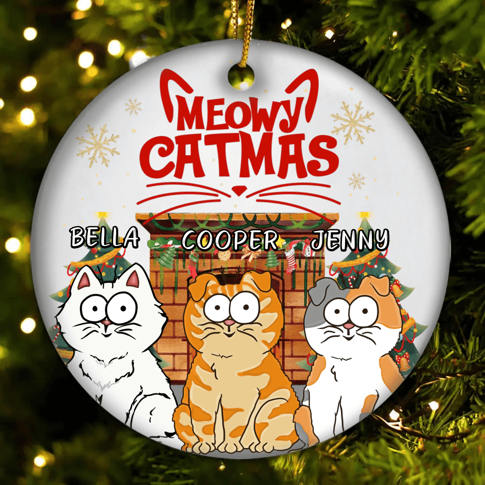 Meowy Catmas - Cat Personalized Custom Ornament - Ceramic Round Decorations - Christmas Gift for Pet Owners, Pet Lovers