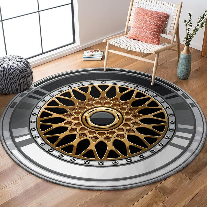 Yellow Car Tire Pattern Round Creative Non-slip Soft Comfortable Area Floormat