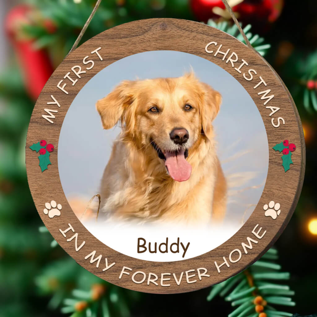 My First Christmas In My Forever Family - Personalized Custom Round Shaped Wooden Christmas Ornament Decorations- Upload Image, Gift For Pet Lovers, Pet Owners, Christmas Gift