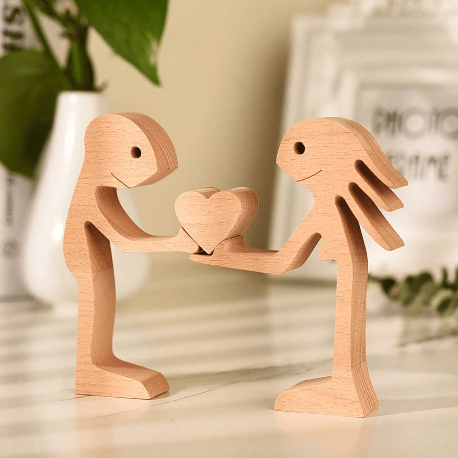 Man And Woman Stand With Heart Couple Wood Sculpture